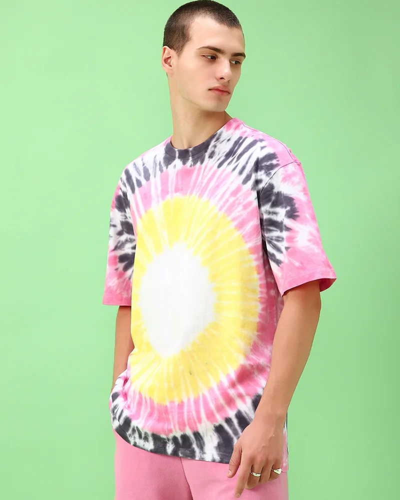بيواكوف Men's Yellow & Pink Tie & Dye Oversized T-shirt